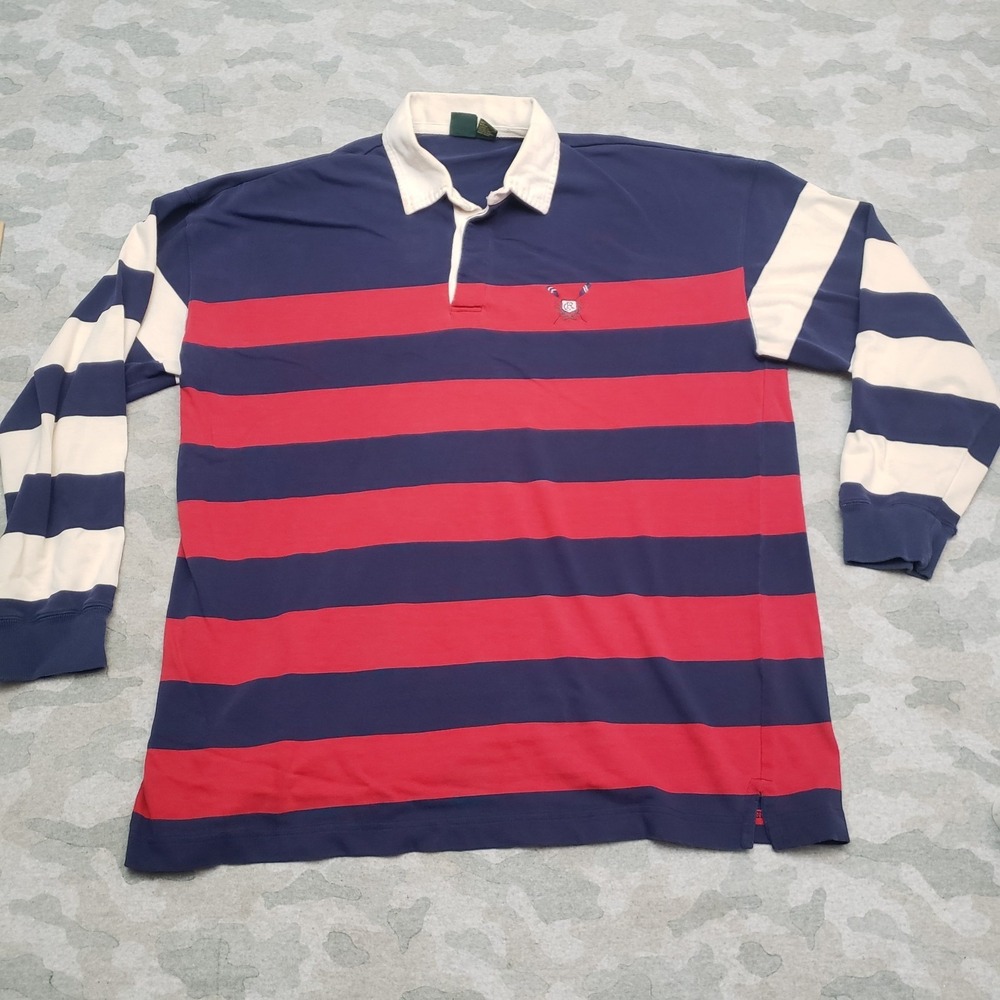 Vintage Club Room Rugby Polo Shirt Mens Large Blue‎ Big Striped Long Sleeve